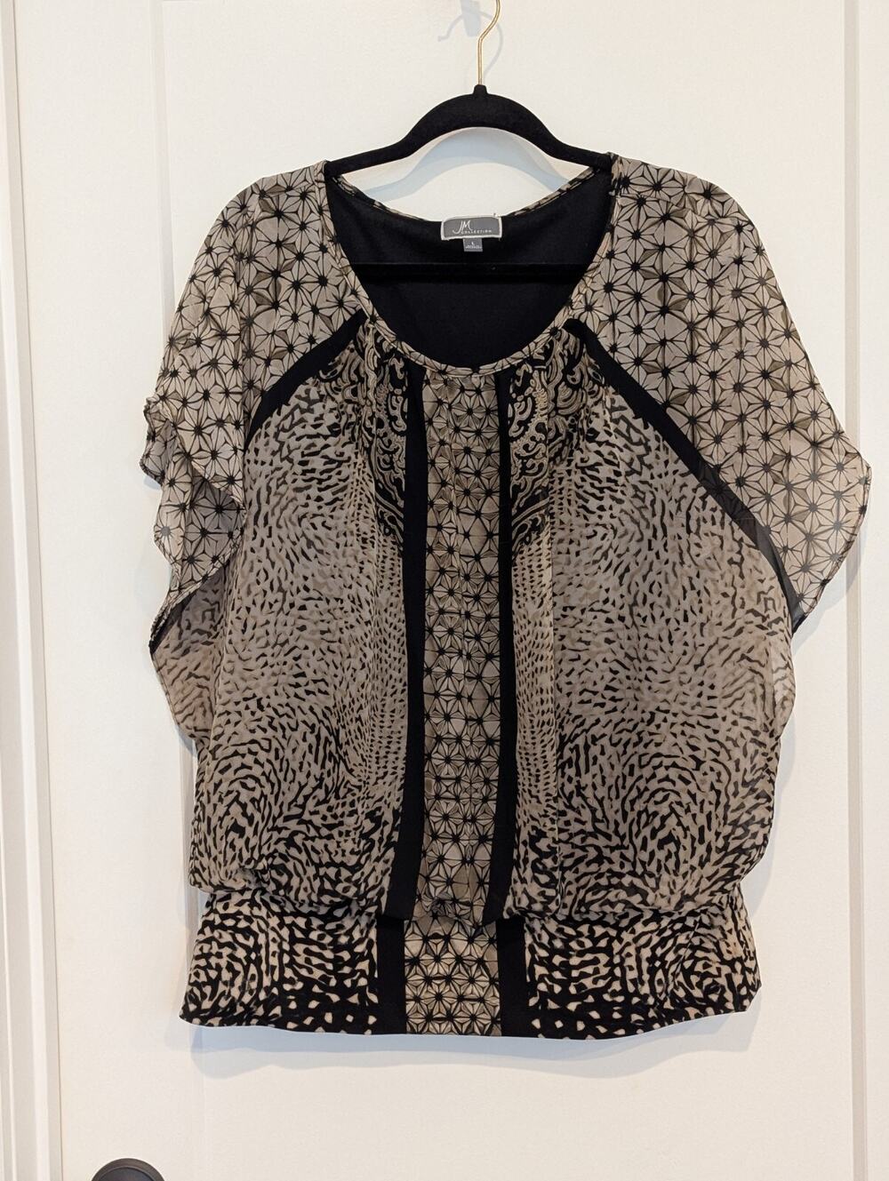 JM Collection Women's Large Black Khaki Blouse Sheer Lined Flowy Sleeves